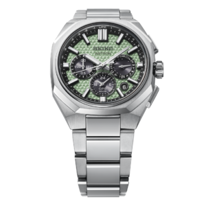 Seiko Astron Green GPS Watch with textured green dial and silver bracelet
