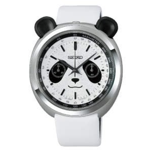 Seiko HHK001 limited edition panda chronograph watch with stainless steel case and leather strap.