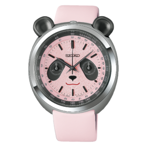 Seiko HHK002 Pink Panda Chronograph Watch with pink dial, stainless steel case, and pink leather strap.