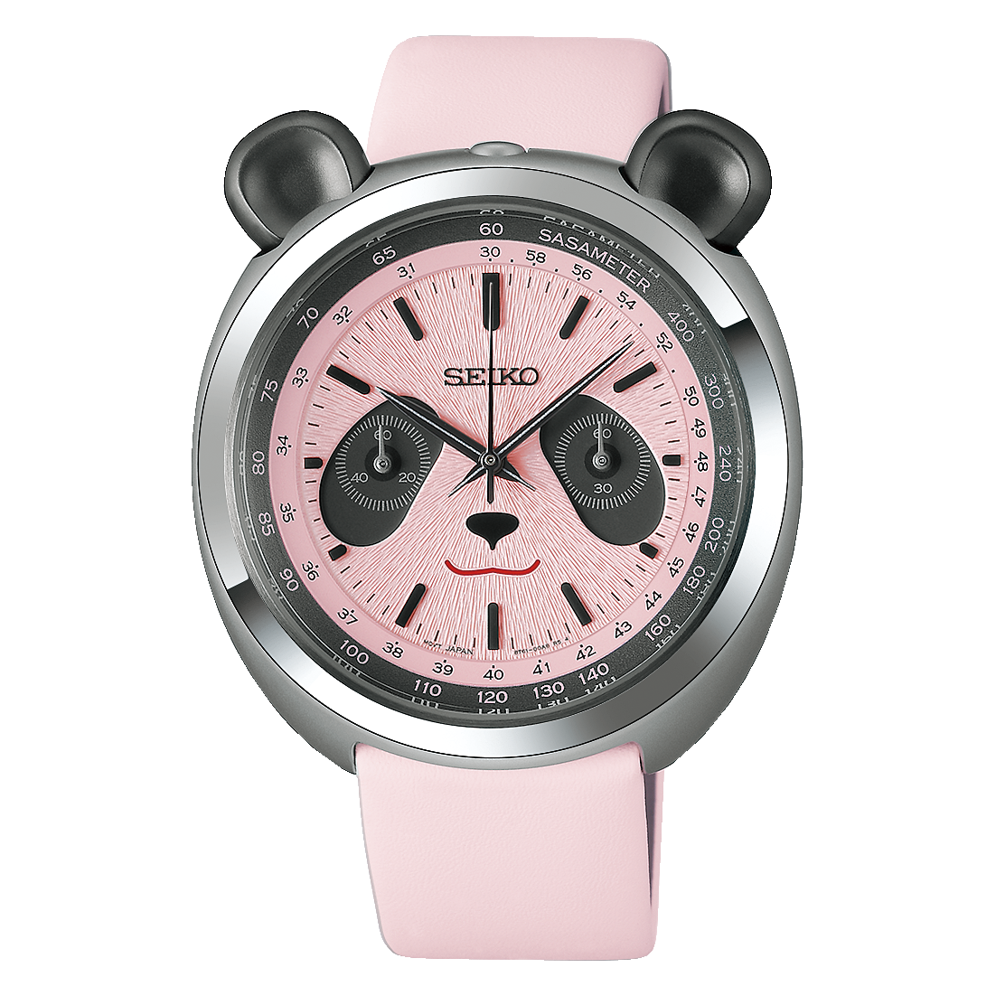 Seiko HHK002 Pink Panda Limited Edition Watch Seiko HHK002 Pink Panda Chronograph Watch with pink dial, stainless steel case, and pink leather strap.