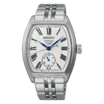 Seiko SPB537 Presage men's automatic watch with white enamel dial and stainless steel bracelet.