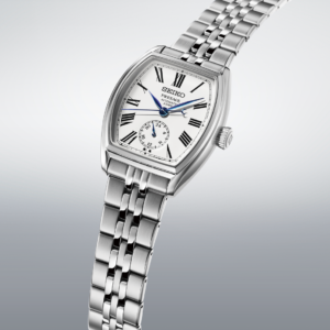 Seiko SPB537 Presage men's automatic watch with white enamel dial and stainless steel bracelet.