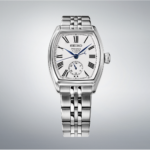 Seiko SPB537 Presage men's automatic watch with white enamel dial and stainless steel bracelet.