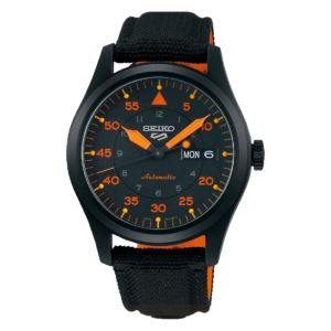 Seiko 5 Sports SRPH33 black dial automatic field watch with orange accents and black nylon strap. Copy Alt Text