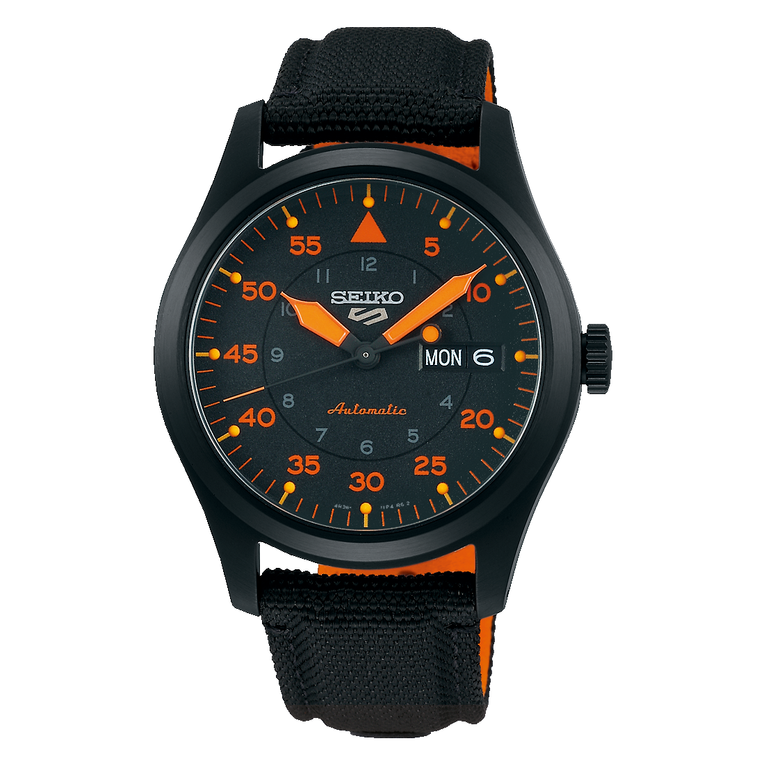 Seiko SRPH33 Black Dial Automatic Watch Copy Image Title Seiko 5 Sports SRPH33 black dial automatic field watch with orange accents and black nylon strap. Copy Alt Text