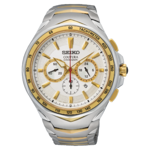 Seiko SRWZ24 Coutura men's chronograph watch with white dial and two-tone stainless steel bracelet.