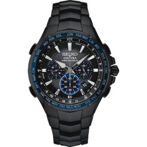 Seiko SSG021 black dial men's solar chronograph watch with stainless steel bracelet.