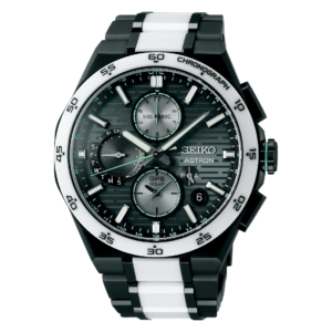 Seiko SSH185 Astron limited edition black titanium GPS Solar watch with white ceramic bracelet details and green dial accents.