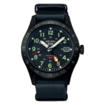Seiko 5 Sports SSK025 black GMT automatic watch with red-orange GMT hand and black leather strap.