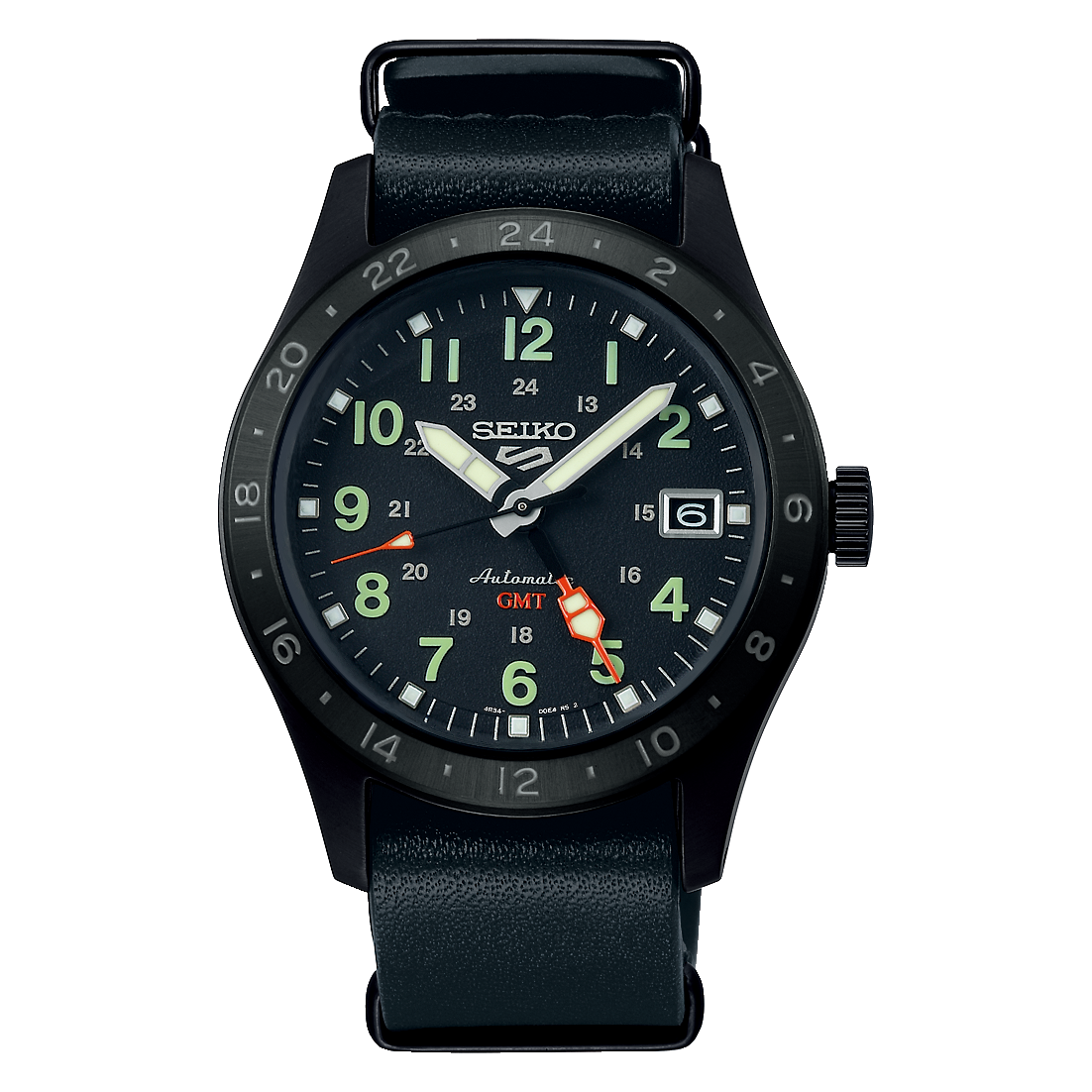 Seiko SSK025 Black GMT Automatic Watch Seiko 5 Sports SSK025 black GMT automatic watch with red-orange GMT hand and black leather strap.